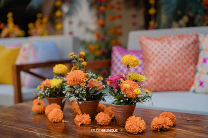 Floral detail and Lounge — Haldi decor — Taj Exotica